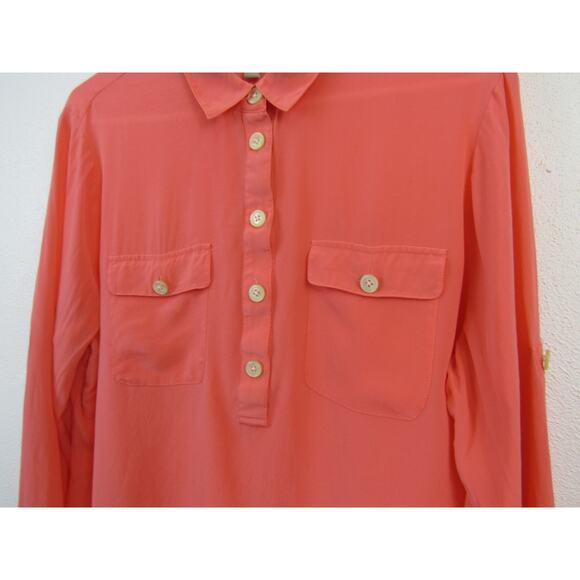 Banana Republic Silk XL 100% Silk Utility Shirt Coral Popover Roll Tab Sleeves - Picture 4 of 6